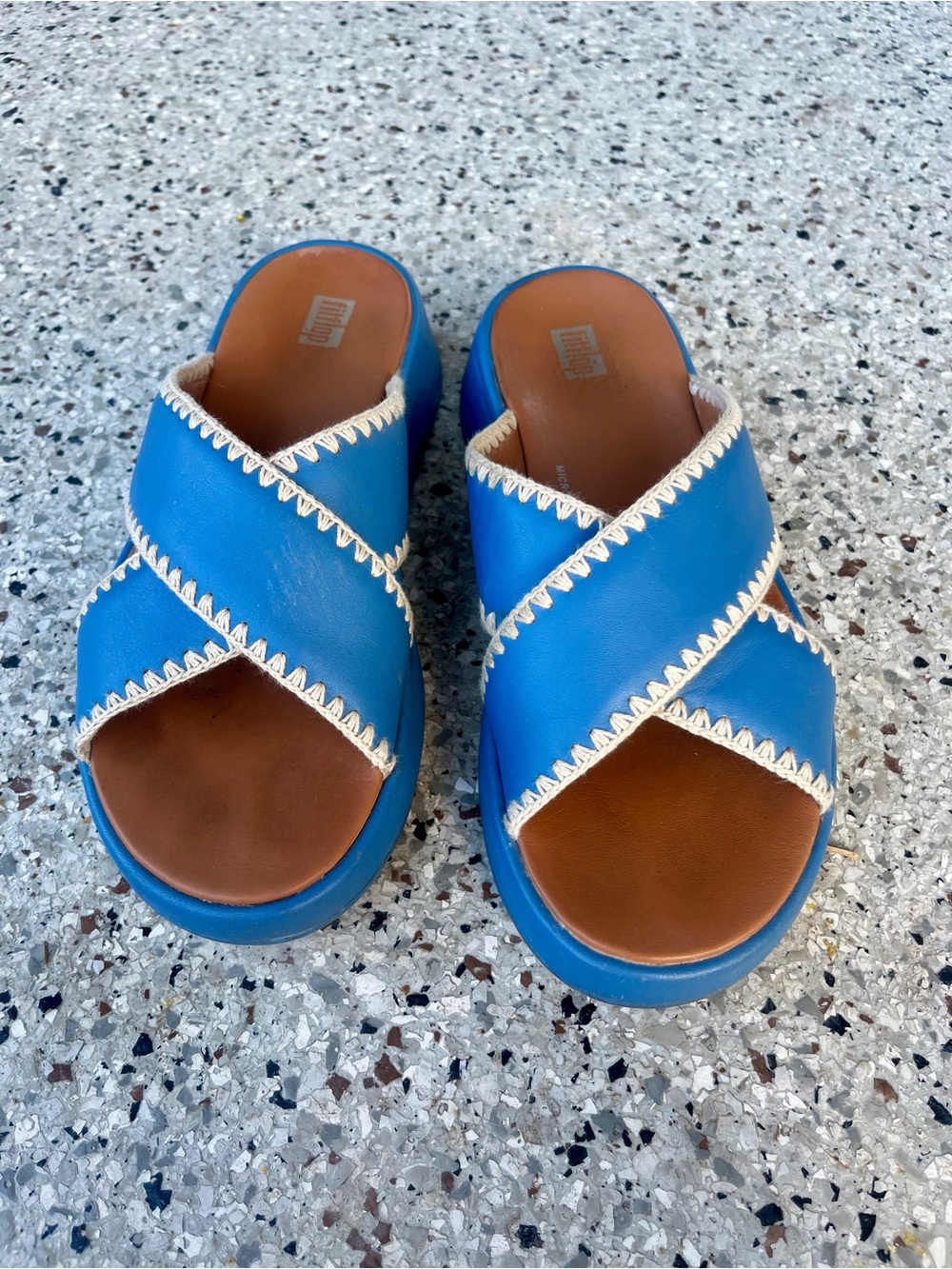 FitFlop Blue Leather Cross Strap Slides Sandals EU 38 US 7.5 Good Condition